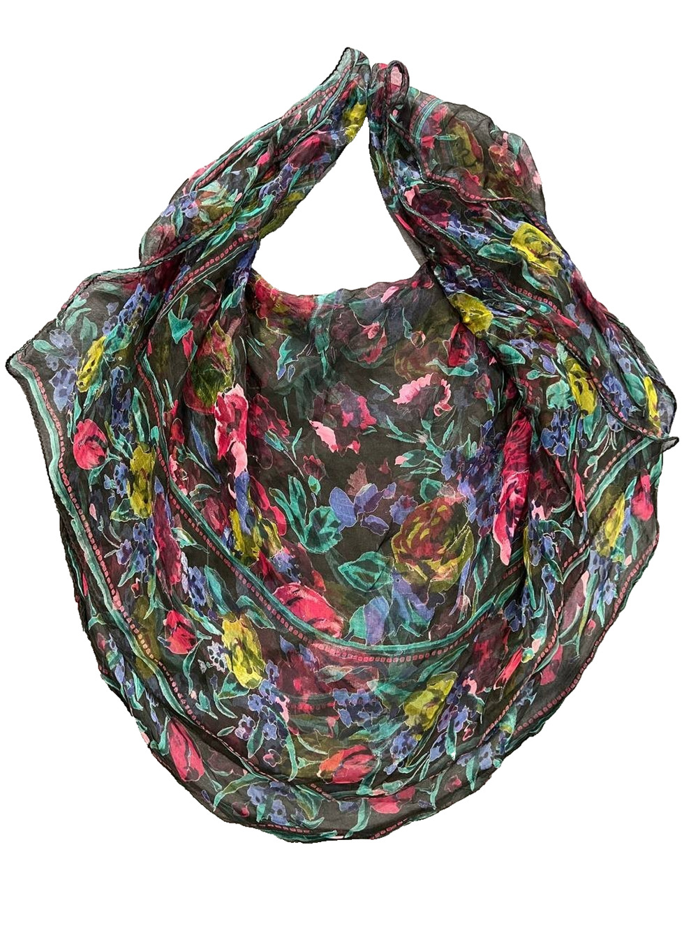 LAUREN RALPH LAUREN 100% Silk Sheer Floral Scarf • black red yellow green A00864